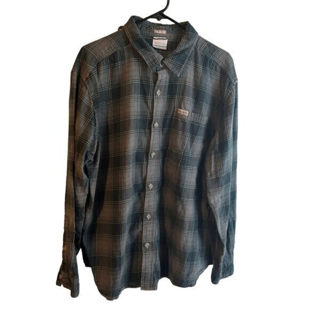 Columbia Mens Plaid Long Sleeve Button Up Shirt Blue Gray  Mens XL‎